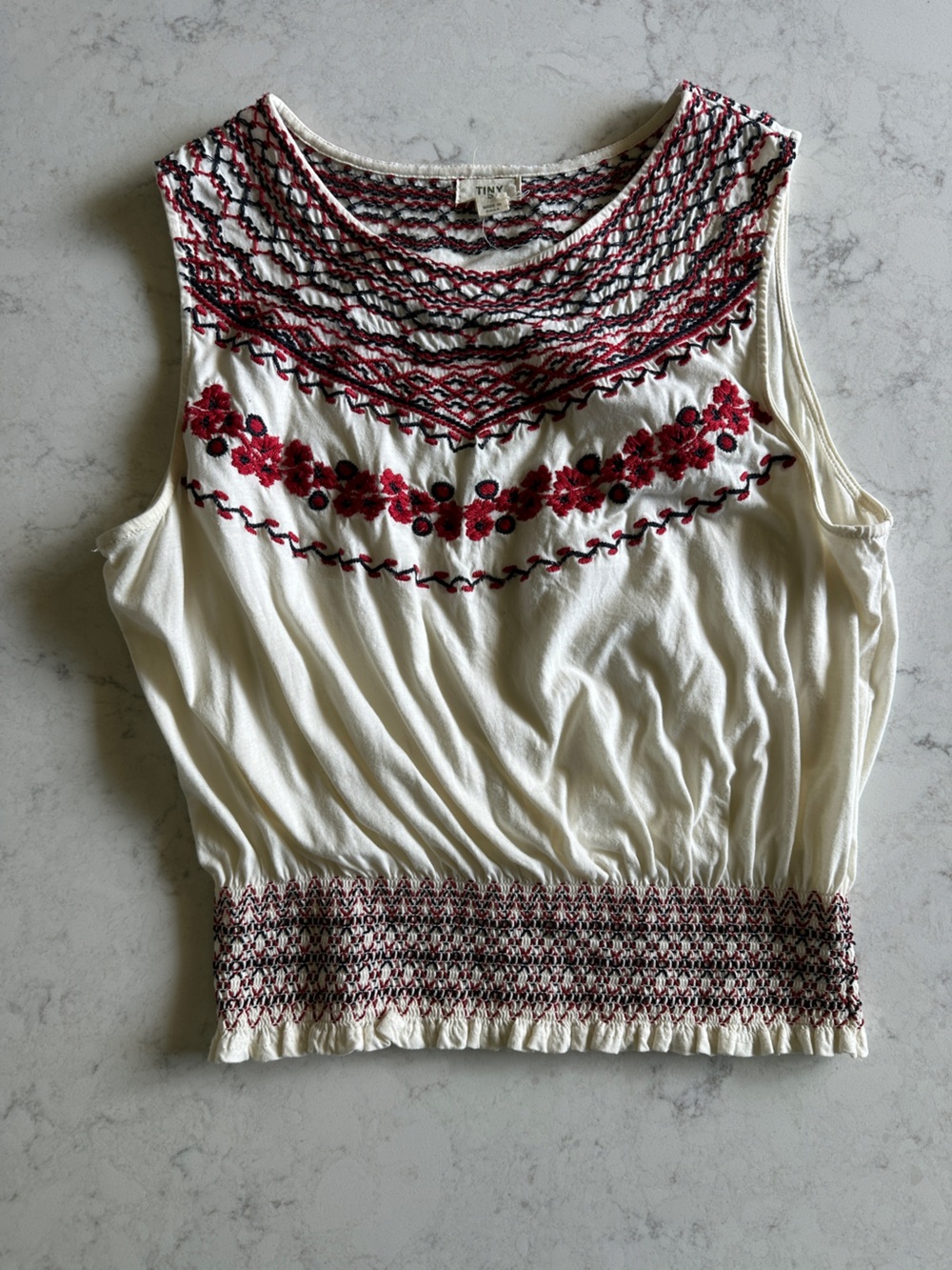 Embroidered White Tank Top with Red Floral Detail